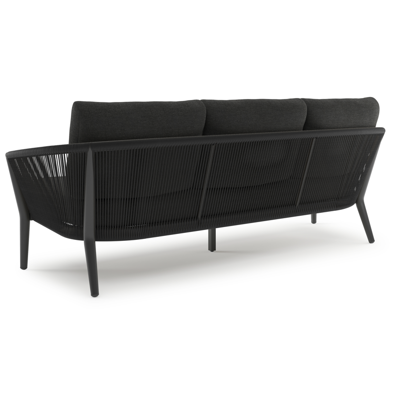 Orso loungebank in zwart aluminium en zwart verticaal geweven ronde rope met Chartres Sooty all weather sunbrella® luxe kussen