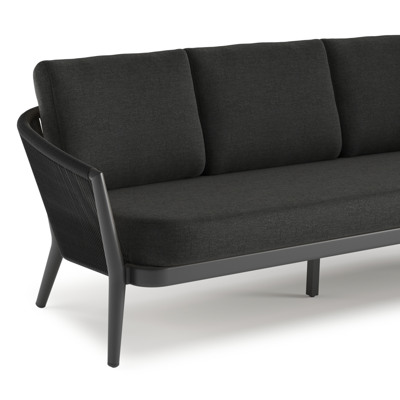 Orso loungebank in zwart aluminium en zwart verticaal geweven ronde rope met Chartres Sooty all weather sunbrella® luxe kussen