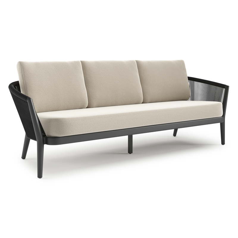 Orso loungebank in zwart aluminium en zwart verticaal geweven ronde rope met Lopi Marble all weather sunbrella® luxe kussen