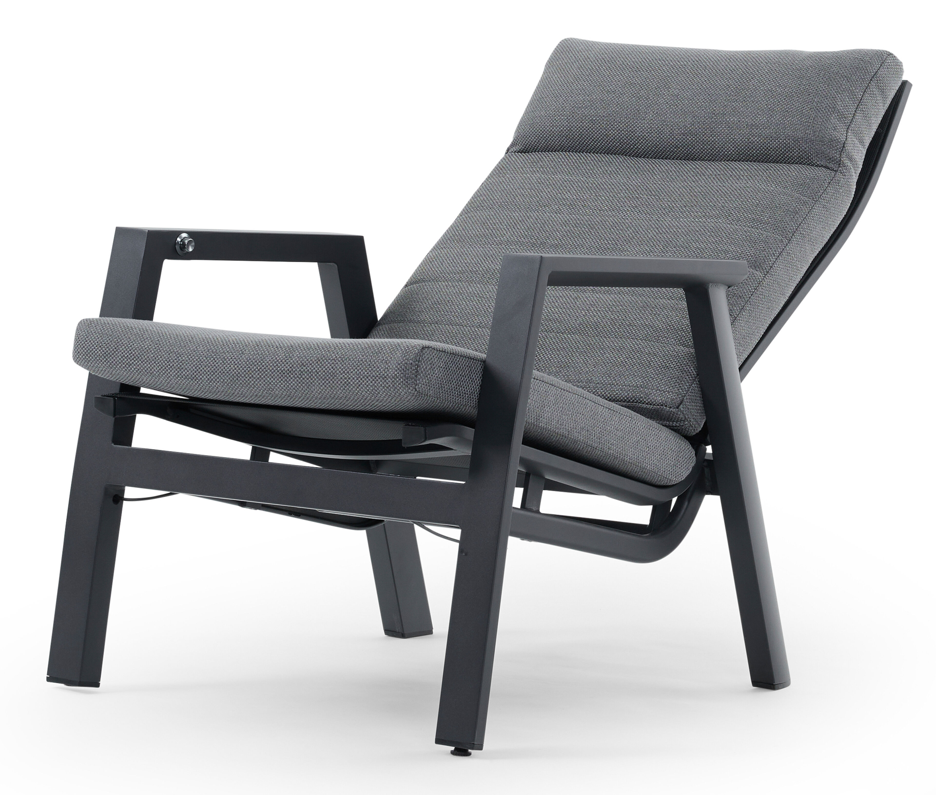 Fauteuil de jardin Prato 1-pl en aluminium noir avec coussin en weather+ textilène gris