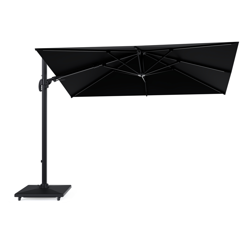 Avola zweefparasol met tiltfunctie in zwart aluminium met zwart all weather sunbrella® premium parasoldoek - L1 200 x L2 300 cm met parasolvoet Avola 90 kg