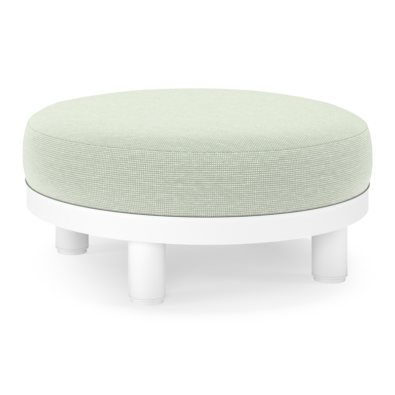 Salon de jardin pouf Donato en aluminium blanc et coussins en all Weather Sunbrella® Luxe Slow Spirea