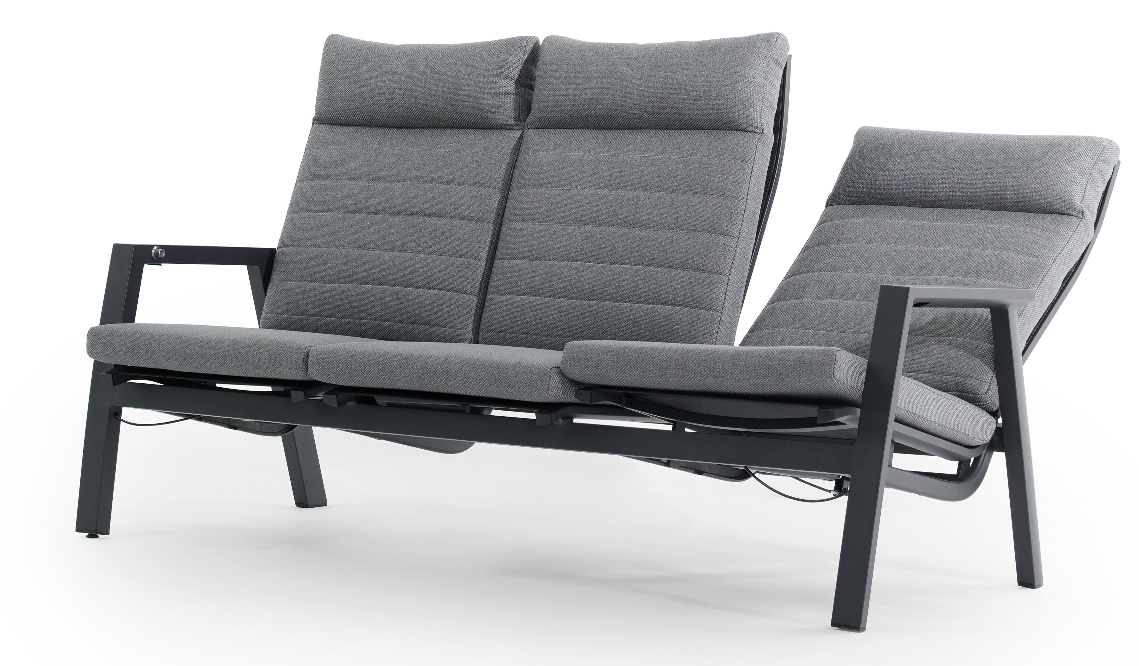 Prato loungebank met verstelbare rugleuning 3-zit in zwart aluminium met grijs All Weather Olefin kussen
