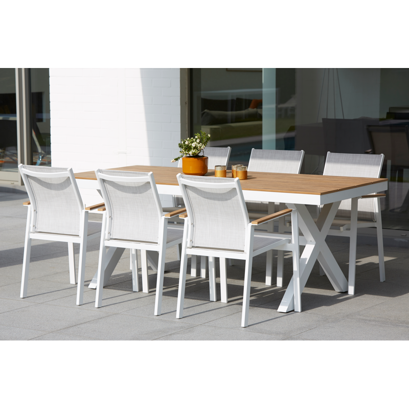 Bahia stapelbare tuinstoel in wit aluminium en grijs textilene en polywood armleuning