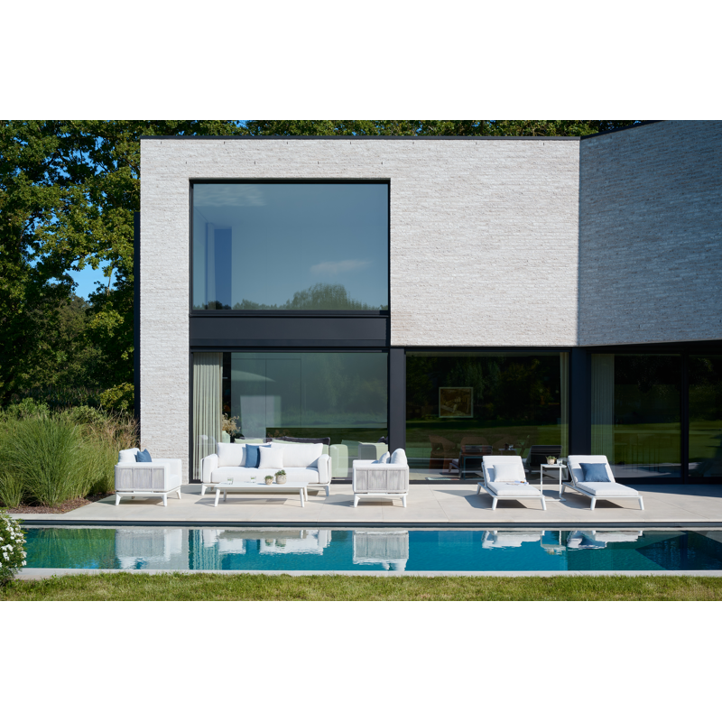 Mosa loungeset in wit aluminium en wit-grijs gedraaide ronde wicker met sand All Weather Olefin kussens