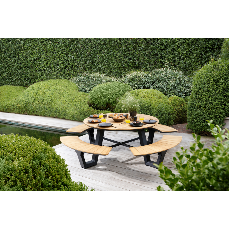 Table de pique-nique Rondino en aluminium noir et teck - Diam. 236 x Haut. 72 cm