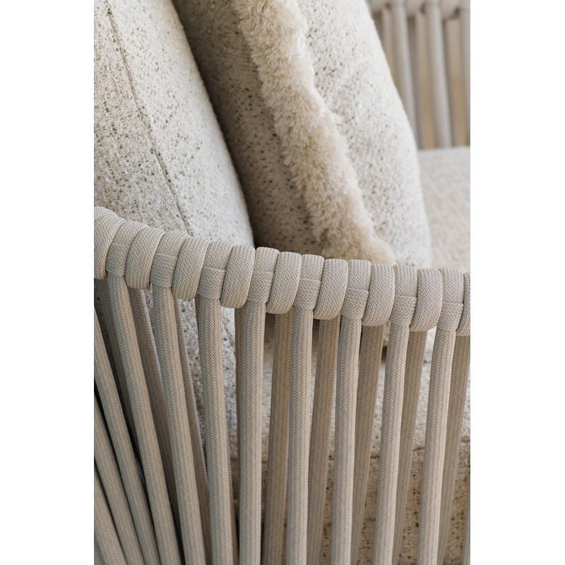 Orso loungeset in beige aluminium en beige verticaal geweven luxe vlakke rope met Lopi Marble all weather sunbrella® luxe kussen