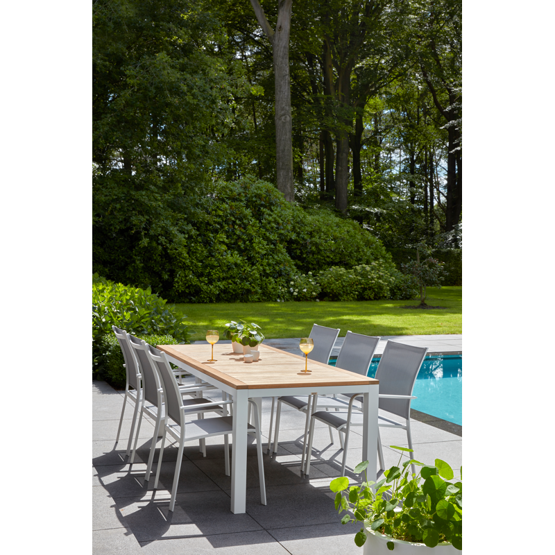 Calobra stapelbare tuinstoel in wit aluminium en grijs textilene