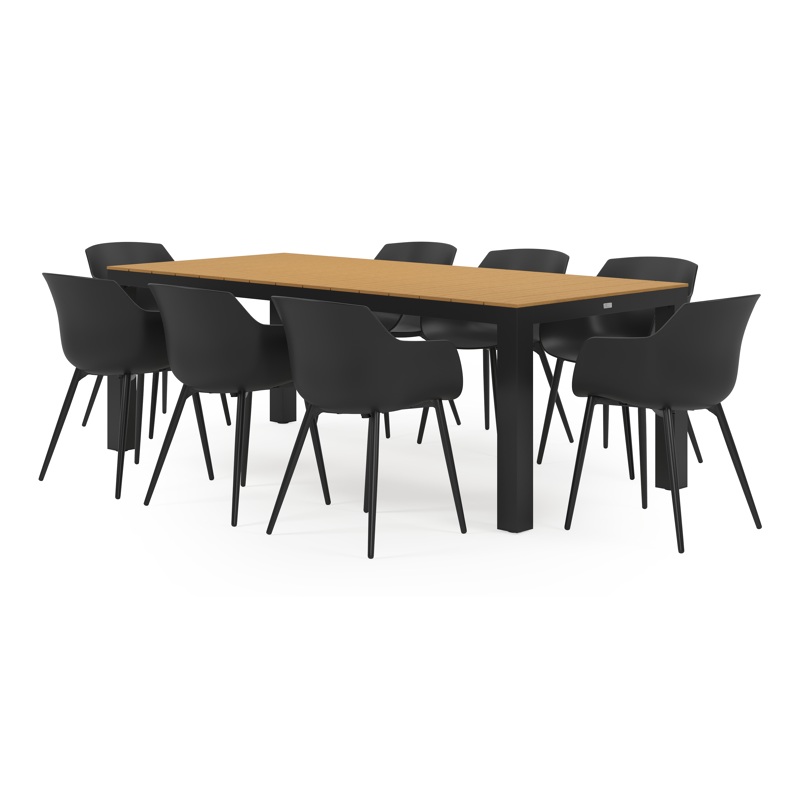 Ensemble de jardin Calzo en aluminium noir avec plateau de table en polywood et 8 chaises de jardin Paco