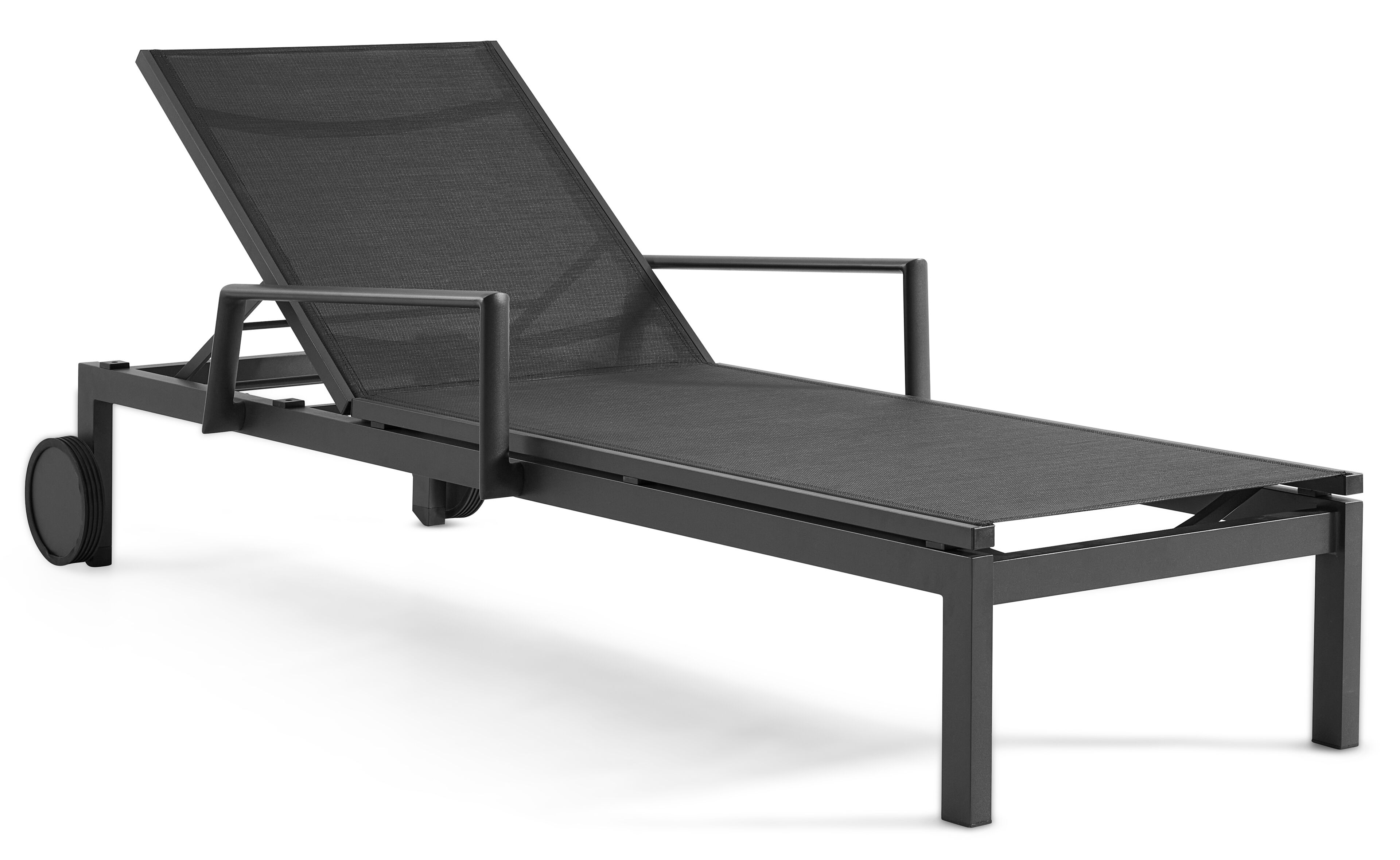 Caravelle verstelbaar ligbed in zwart aluminium met zwart textileen met armleuning