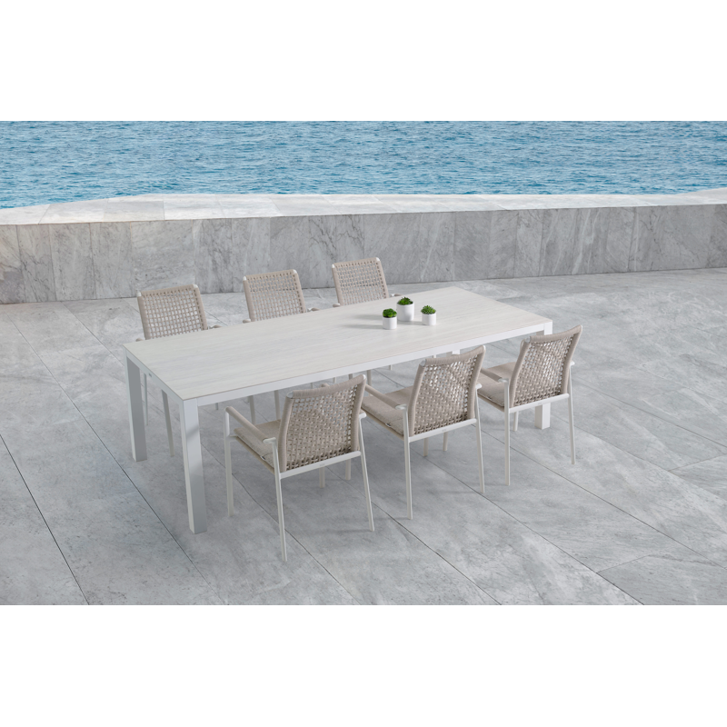Chaise de jardin Como en aluminium blanc et corde ronde tissée carrée beige