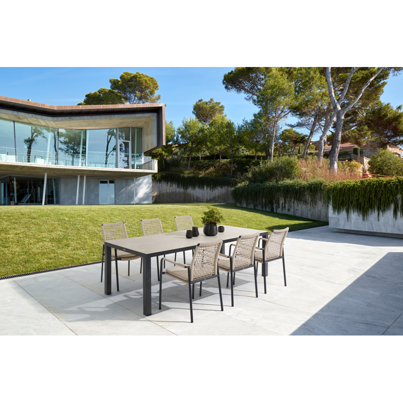 Chaise de jardin Como en aluminium noir et corde ronde tissée carrée beige