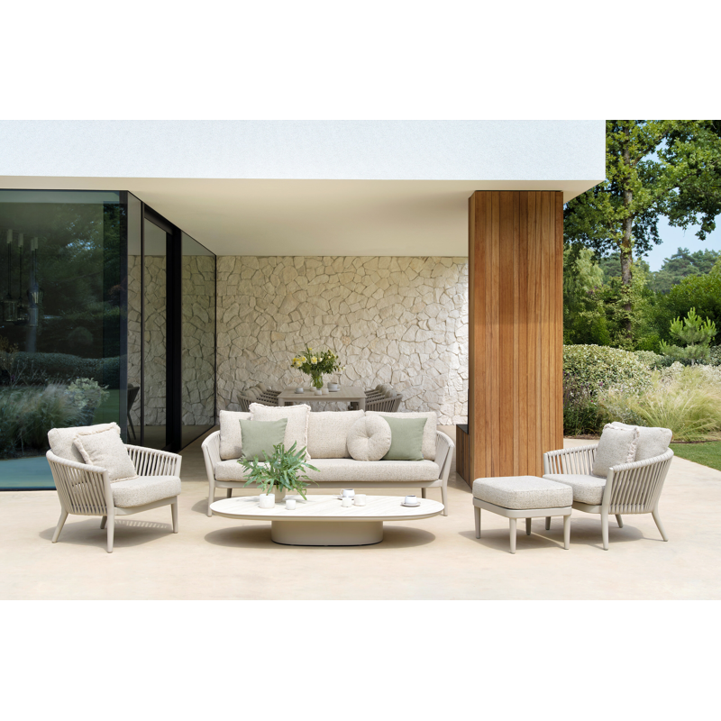 Orso loungeset in beige aluminium en beige verticaal geweven luxe vlakke rope met Lopi Marble all weather sunbrella® luxe kussen