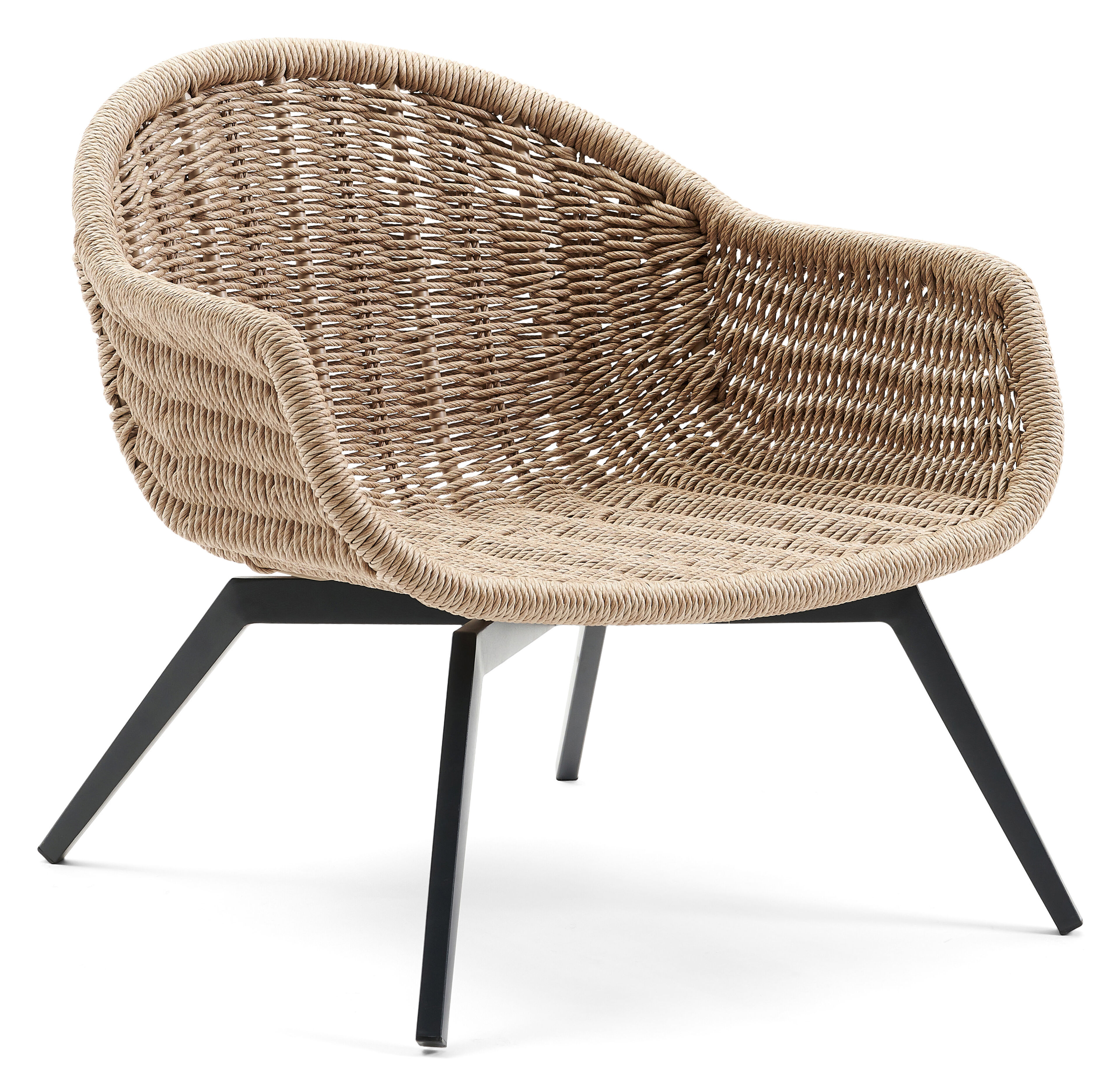 Pagino loungestoel in zwart aluminium en naturel gedraaide ronde wicker