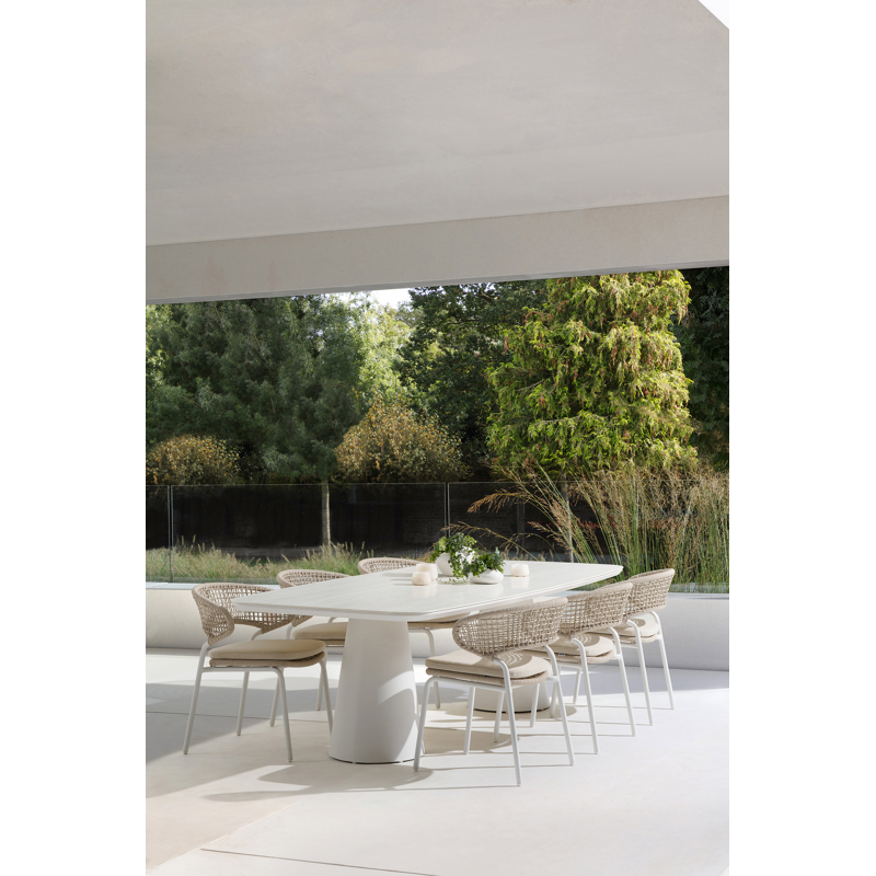 Donato XL tuinstoel in wit aluminium en beige vierkant geweven ronde rope