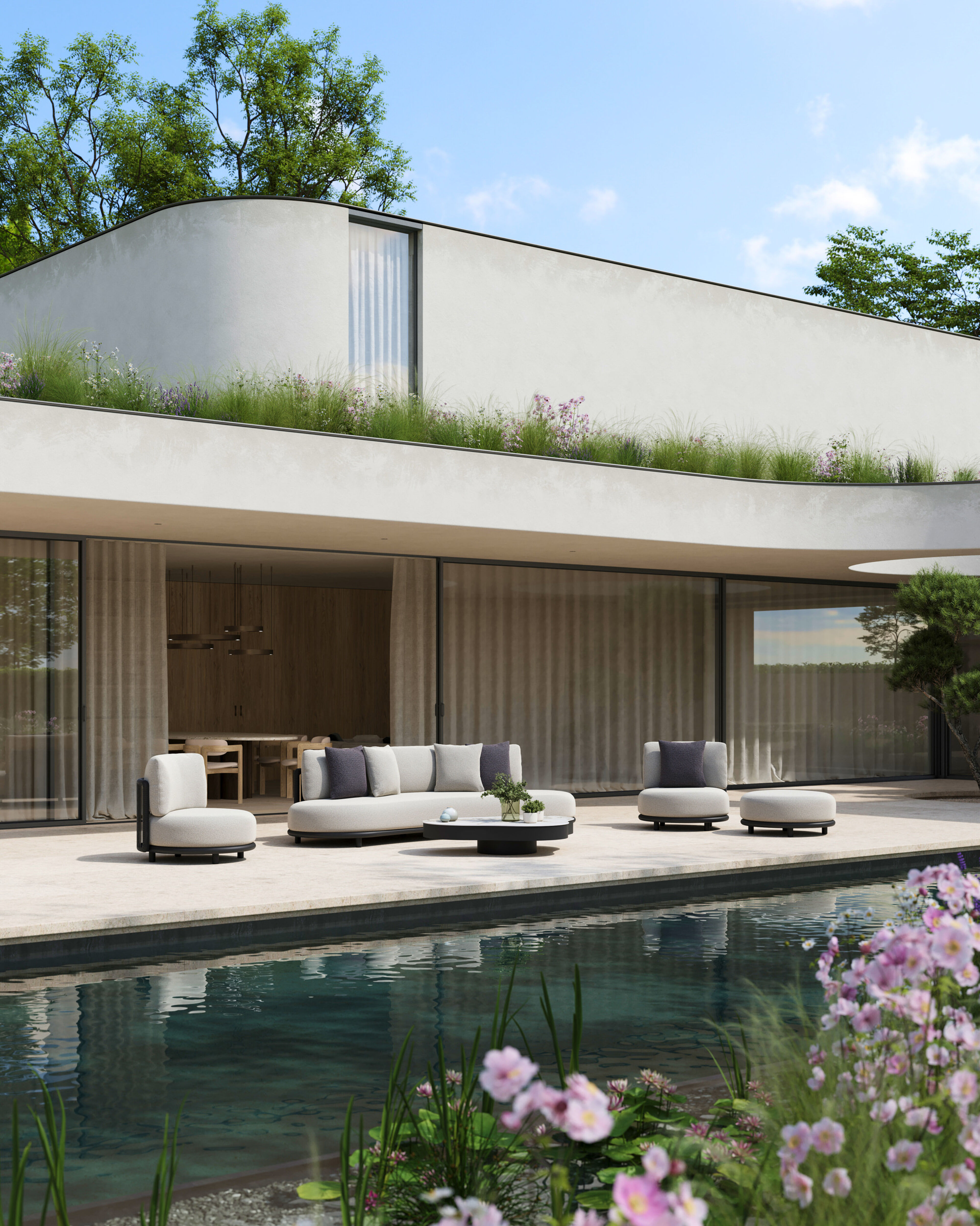 Lomano loungeset in zwart aluminium en zwart verticaal geweven luxe vlakke rope met wander granite all weather sunbrella® luxe kussen