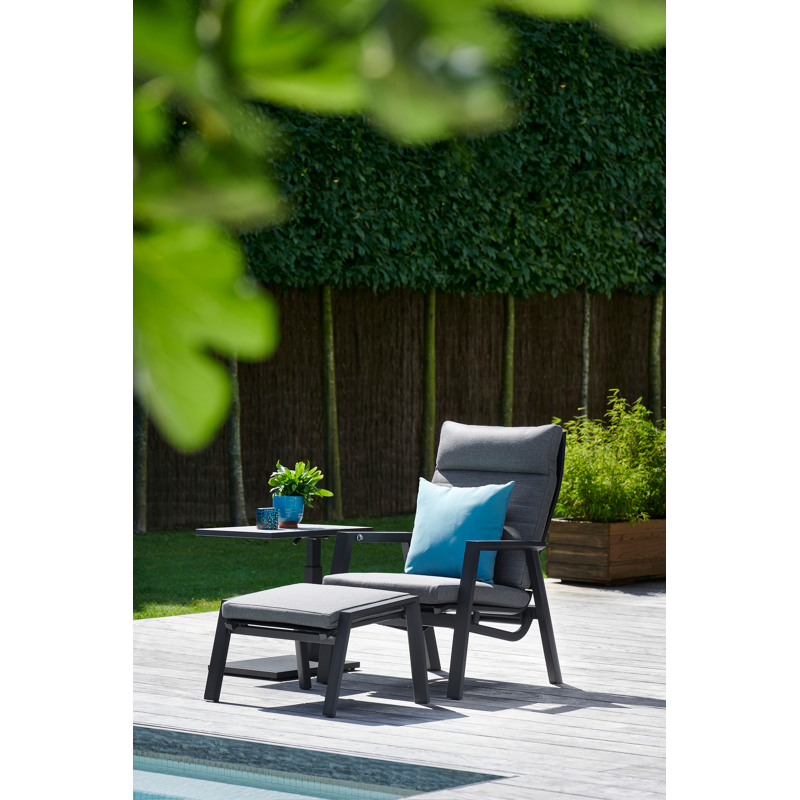 Salon de jardin Prato en aluminium noir avec coussins en weather+ textilène gris