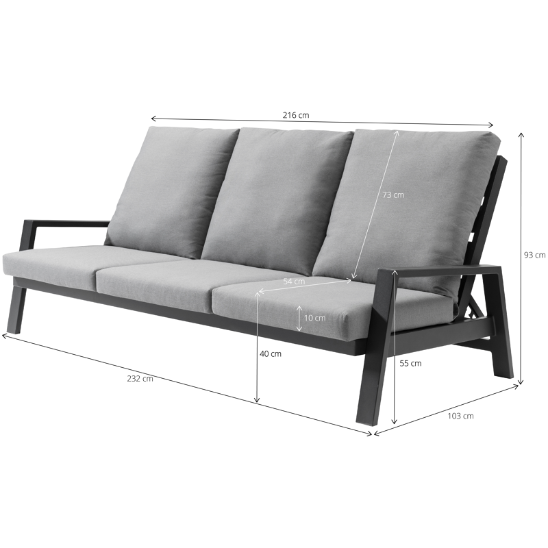 Canapé de jardin avec dossier réglable Veneto 3-pl en aluminium noir avec coussin en All Weather Olefin gris