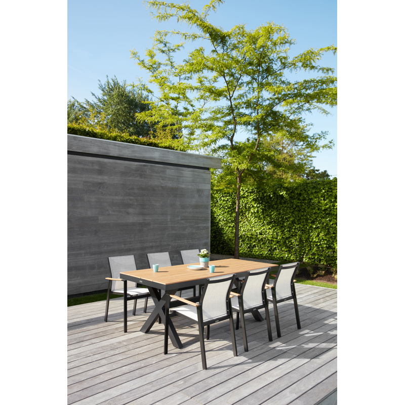 Table de jardin Bahia rectangulaire en aluminium noir et polywood - Lg. 200 x Lrg. 89 x Haut. 75 cm