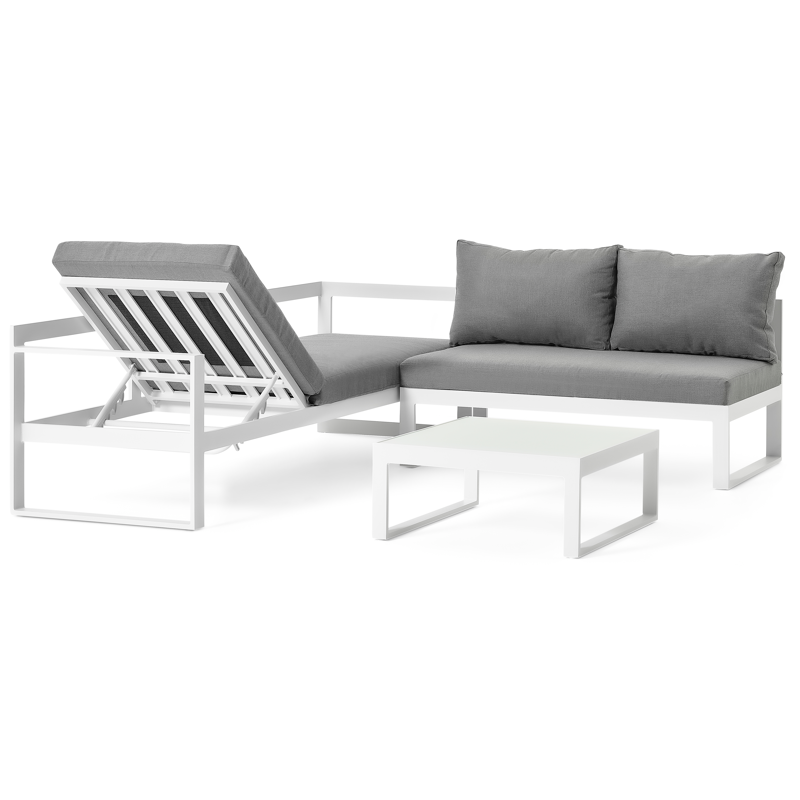 Caldela loungehoek in wit aluminium met grijs polyester kussens en loungetafel