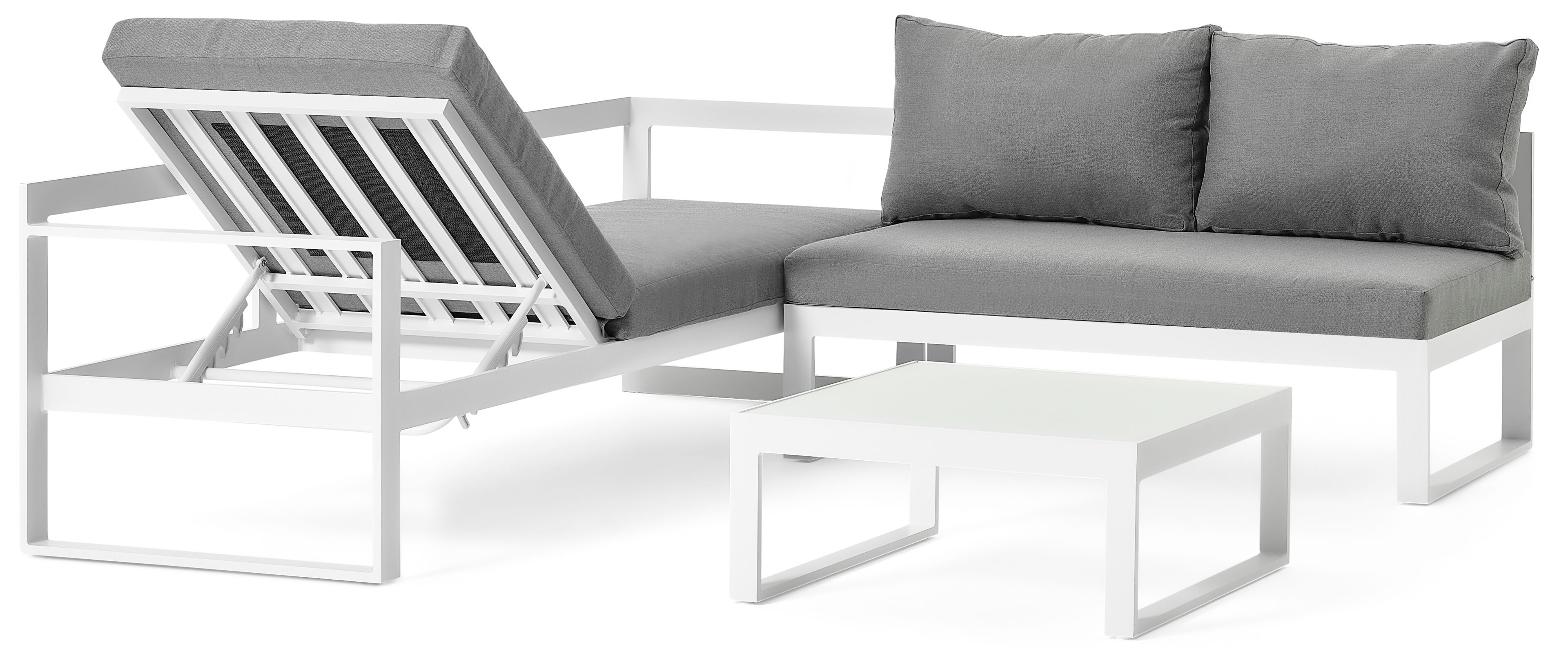 Caldela loungehoek in wit aluminium met grijs polyester kussens en loungetafel