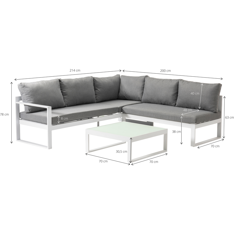 Caldela loungehoek in wit aluminium met grijs polyester kussens en loungetafel