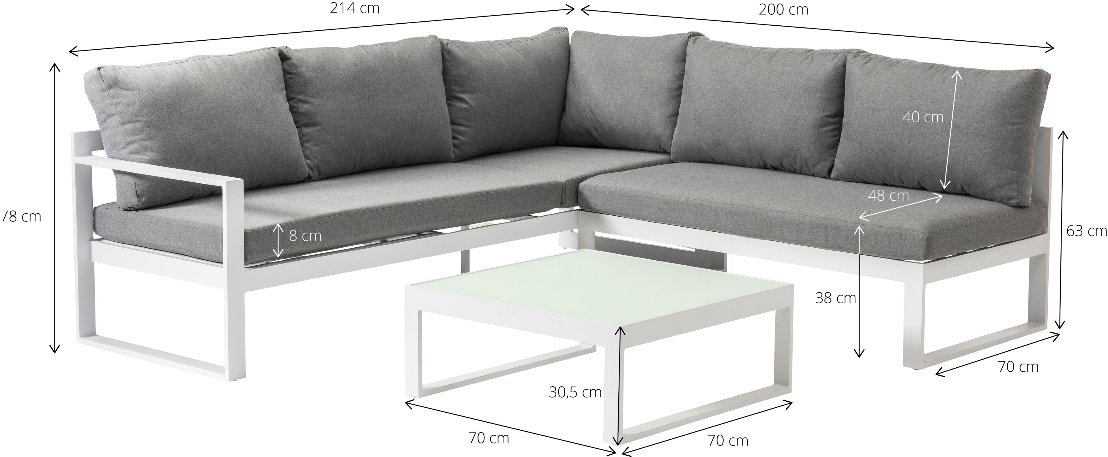 Caldela loungehoek in wit aluminium met grijs polyester kussens en loungetafel