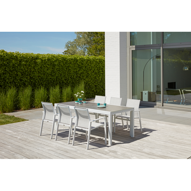 Bahia stapelbare tuinstoel in wit aluminium en grijs textilene