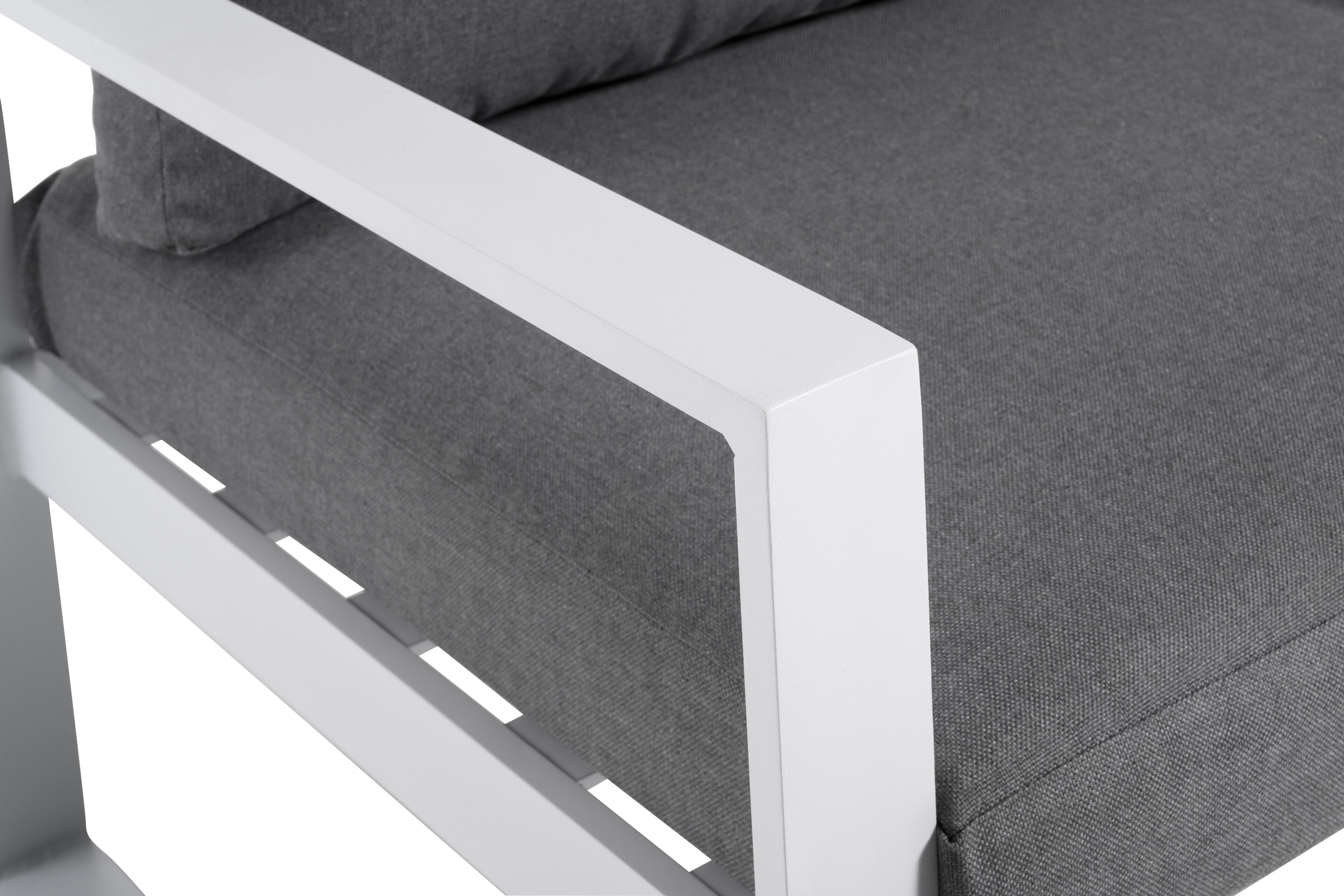 Caldela loungehoek in wit aluminium met grijs polyester kussens en loungetafel