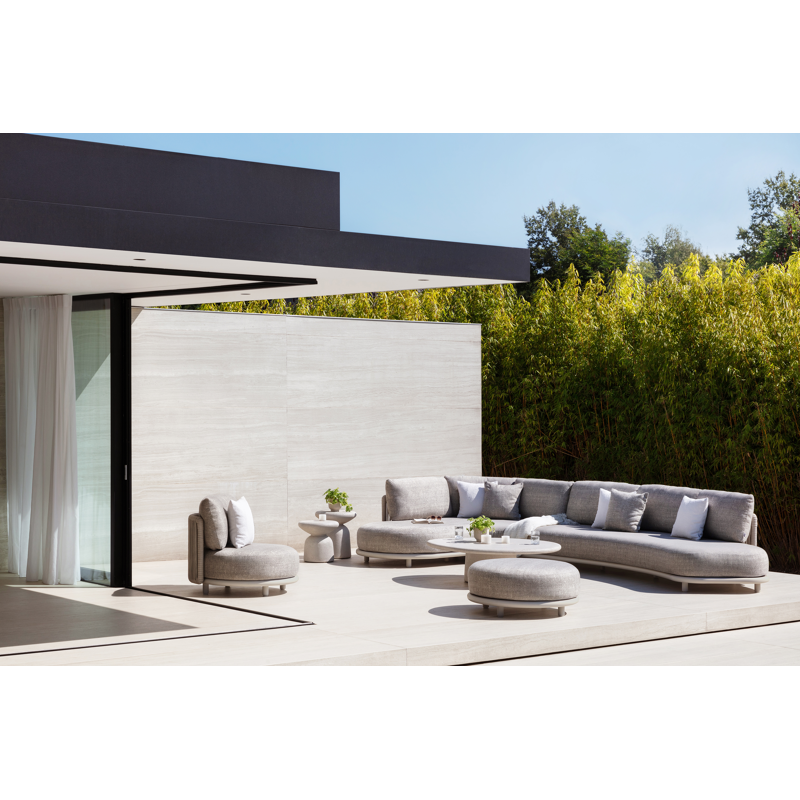 Salon de jardin d'angle Lomano en aluminium beige et corde luxe plate tissÃ©e verticalement beige et coussins en all weather cosytica Marbella Ecru