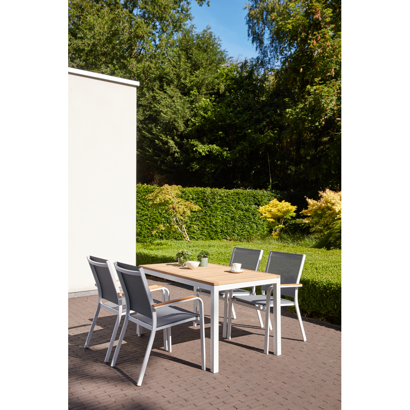 Pamplona ensemble de jardin ovale en aluminium blanc en teck natural finish avec 8 chaises de jardin Amalfi