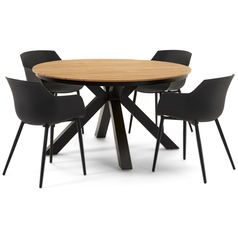 Ensemble de jardin Tora en aluminium noir avec plateau de table en polywood naturel et 4 chaises de jardin Paco