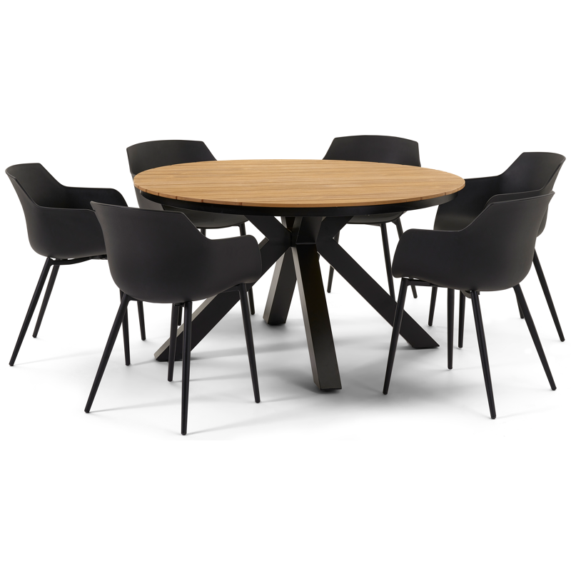 Tora tuinset in zwart aluminium en naturel polywood tafelblad met 6 Paco tuinstoelen