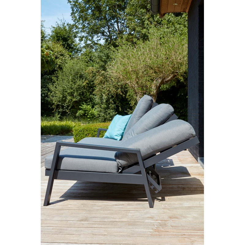 Canapé de jardin avec dossier réglable Veneto 3-pl en aluminium noir avec coussin en All Weather Olefin gris