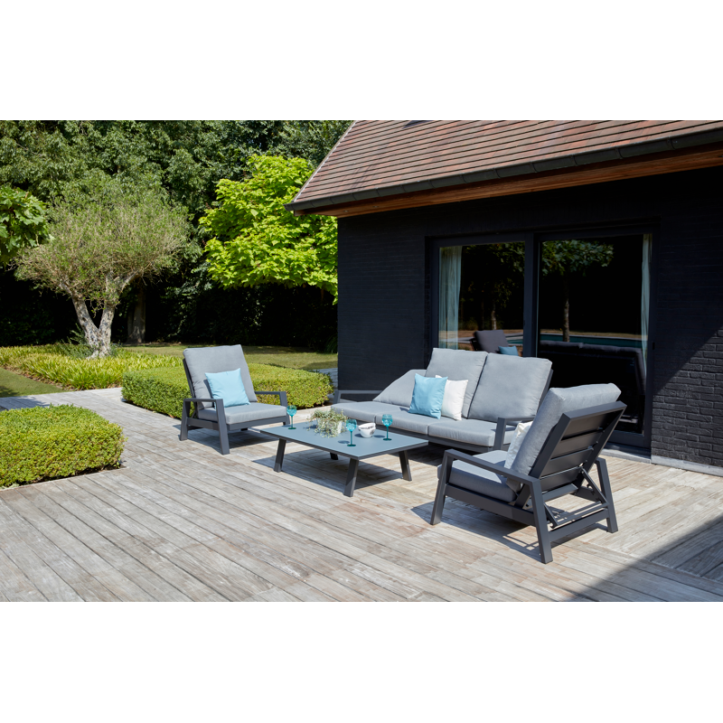 Canapé de jardin avec dossier réglable Veneto 3-pl en aluminium noir avec coussin en All Weather Olefin gris