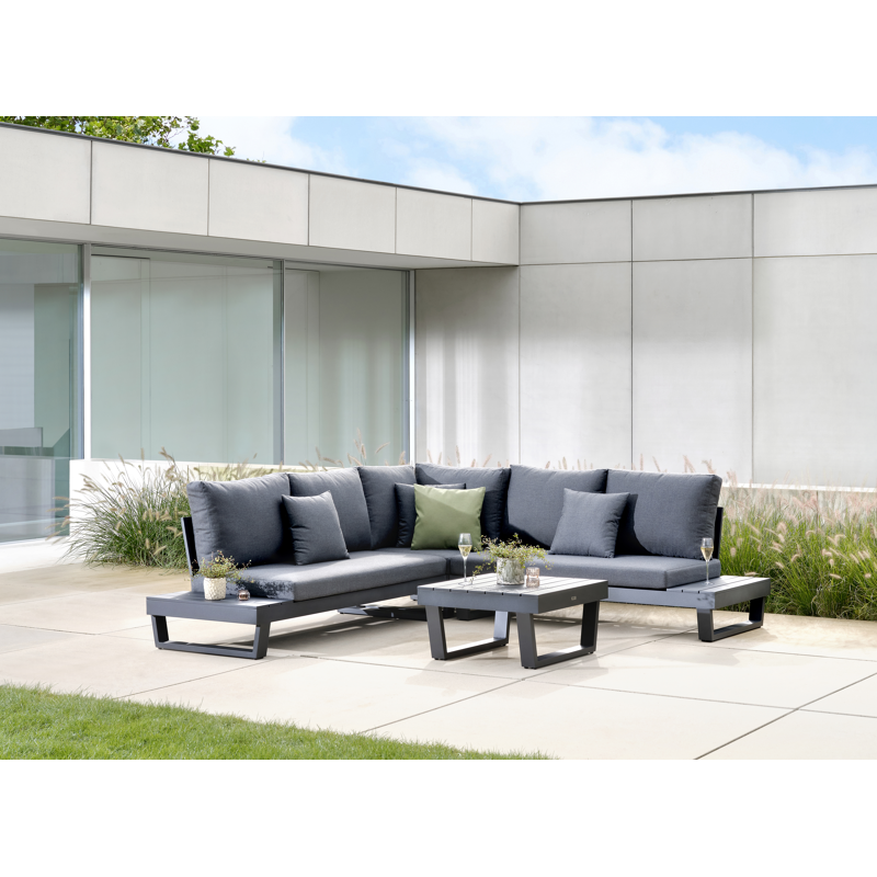 Modica loungehoek in zwart aluminium met natte sooty All Weather Sunbrella® kussens