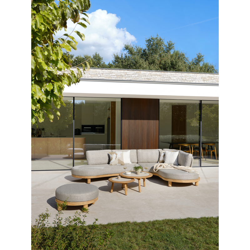Salon de jardin d'angle Donato en teck et corde ronde tissée verticalement beige et coussins en all weather sunbrella® luxe Chartres Pewter