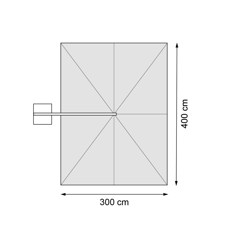 Minore zweefparasol met tiltfunctie in wit aluminium en All Weather Sunbrella Luxe Savane Nimbus - L1 400 x L2 300 cm met parasolvoet Minore 260 kg met wielen