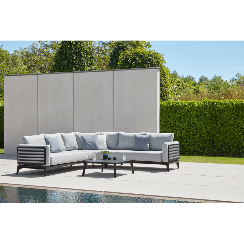 Mosa loungeset in zwart aluminium met grijs weather+ softtouch en loungetafel