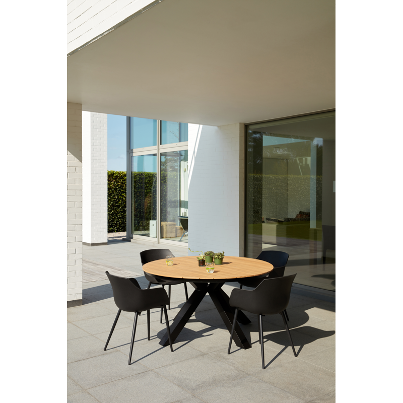 Ensemble de jardin Tora en aluminium noir avec plateau de table en polywood et 4 chaises de jardin Paco