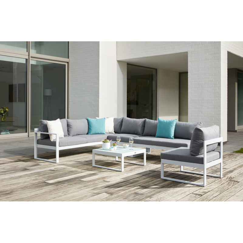 Caldela loungehoek in wit aluminium met grijs polyester kussens en loungetafel