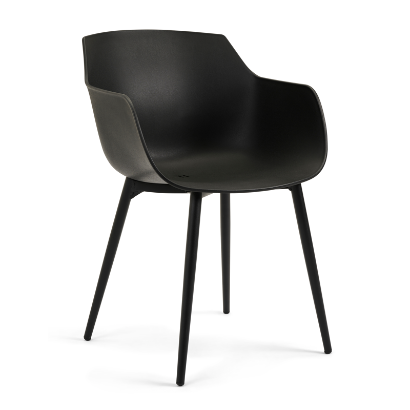 Ensemble de jardin Tora en aluminium noir avec plateau de table en polywood naturel et 4 chaises de jardin Paco