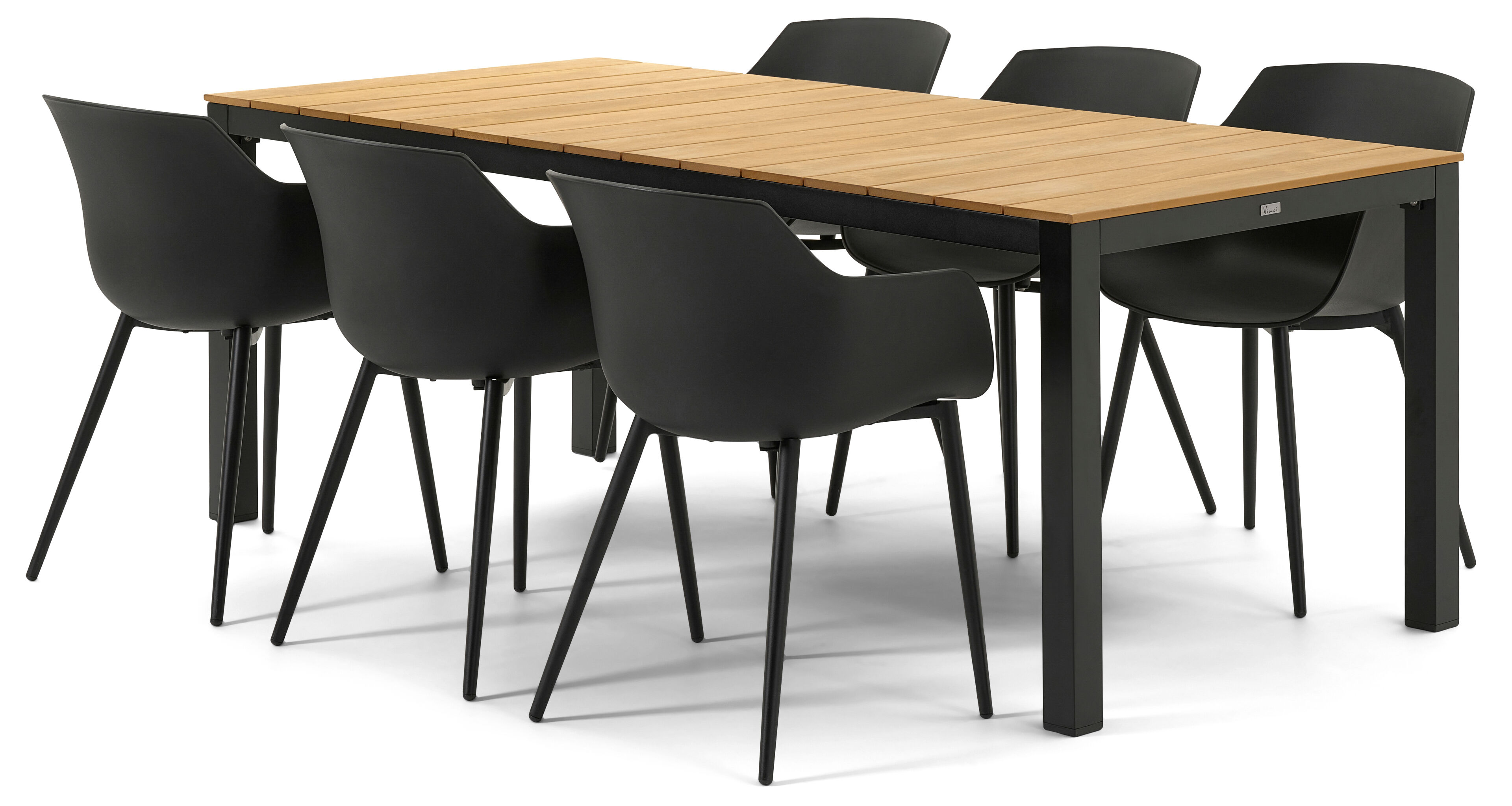 Ensemble de jardin Toma en aluminium noir avec plateau de table en polywood naturel et 6 chaises de jardin Paco