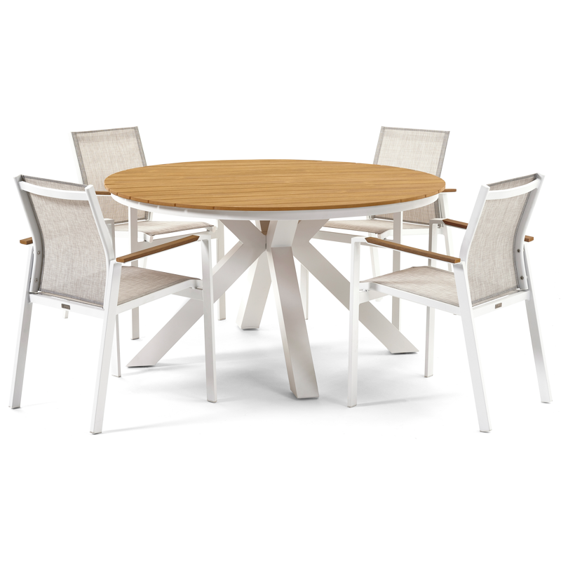Tora tuinset in wit aluminium en naturel polywood tafelblad met 4 stapelbare Bahia tuinstoelen
