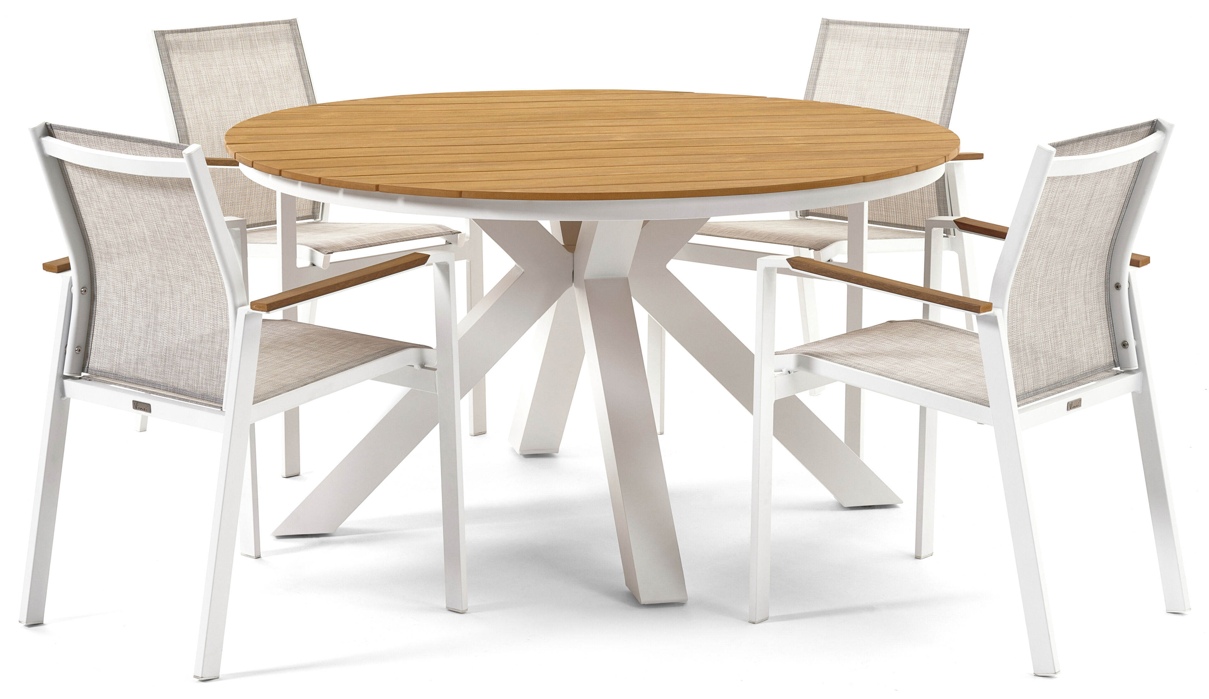 Tora tuinset in wit aluminium en naturel polywood tafelblad met 4 stapelbare Bahia tuinstoelen