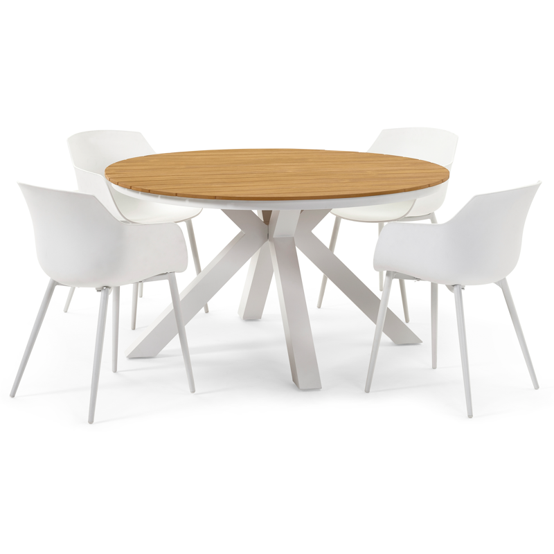 Tora tuinset in wit aluminium en naturel polywood tafelblad met 4 Paco tuinstoelen