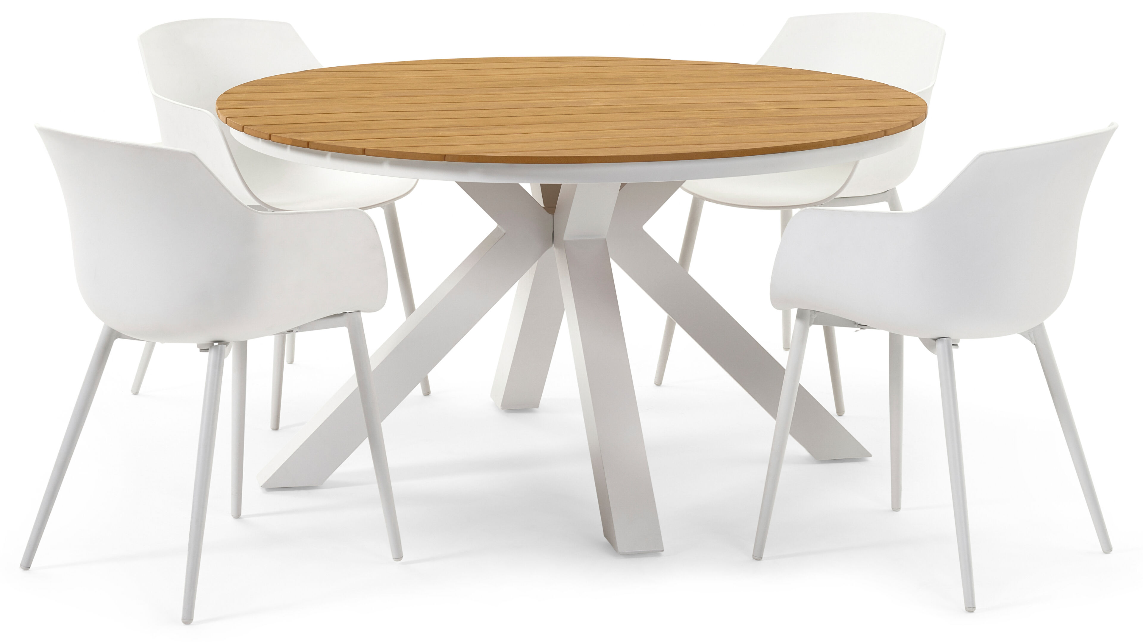 Tora tuinset in wit aluminium en naturel polywood tafelblad met 4 Paco tuinstoelen