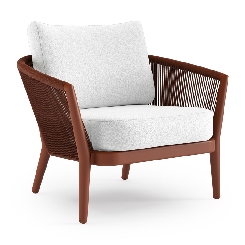 Orso loungestoel in roestbruin aluminium en roestbruin verticaal geweven ronde rope met Ego Birch all weather solica kussen