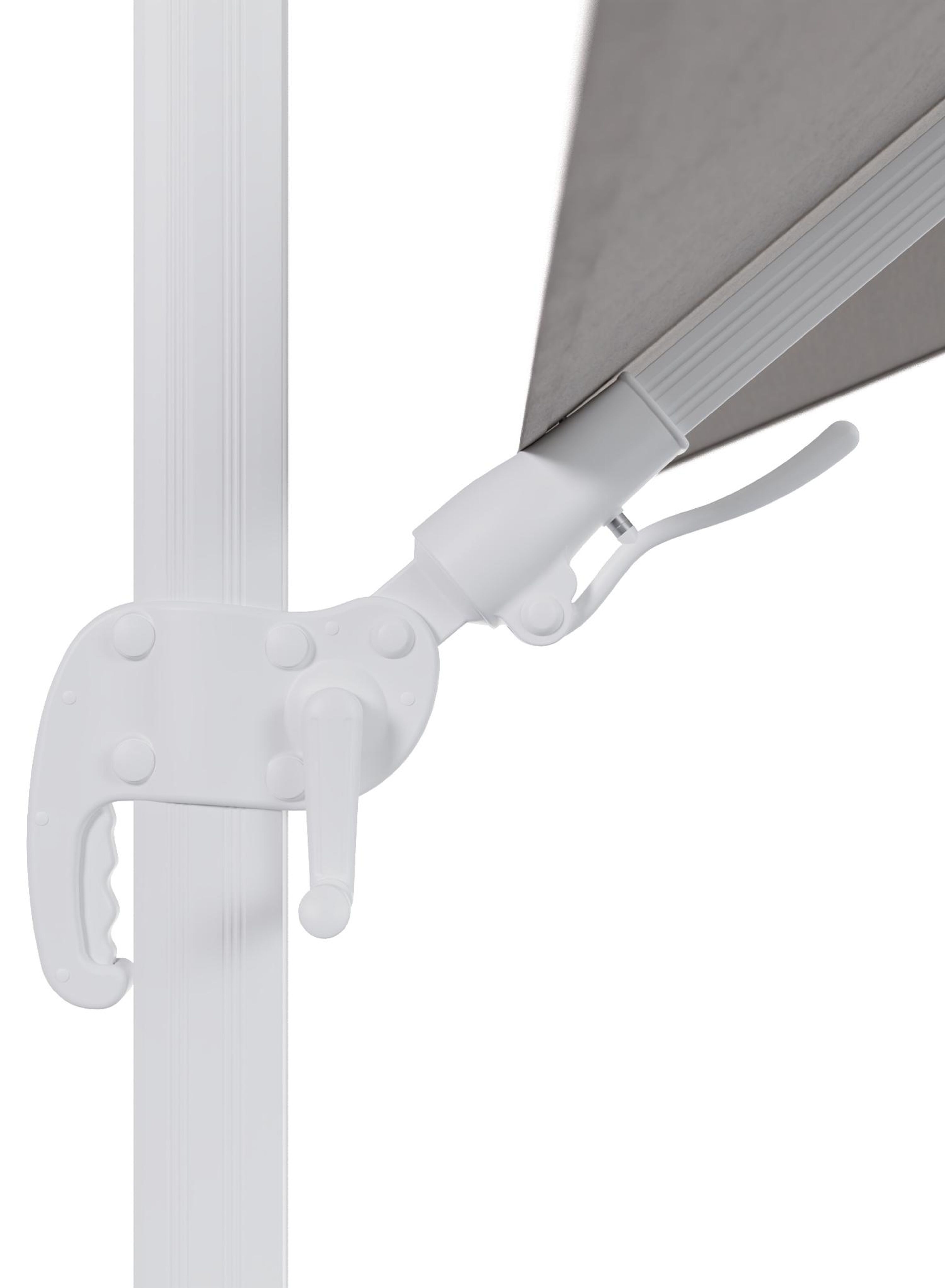 Parasol pendant Avola avec fonction tilt en aluminium blanc et toile de parasol Sunbrella® Premium Natte Graumel Chalk - Lg.1 200 x Lg.2 300 cm avec pied de parasol Avola 90 kg