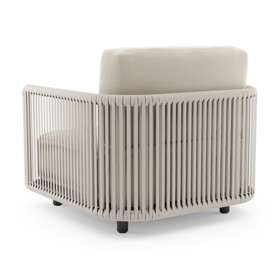 Organo loungestoel in zwart aluminium en beige verticaal geweven luxe vlakke rope met lopi marble all weather Sunbrella® luxe kussen